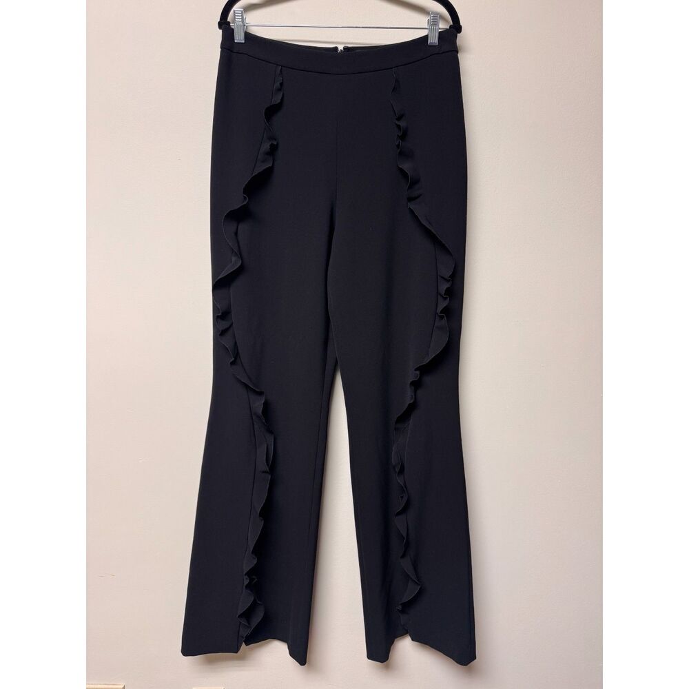 SALONI Ivy Ruffle Trousers Cascading Ruffles, Split Hem, Black, Sz 10